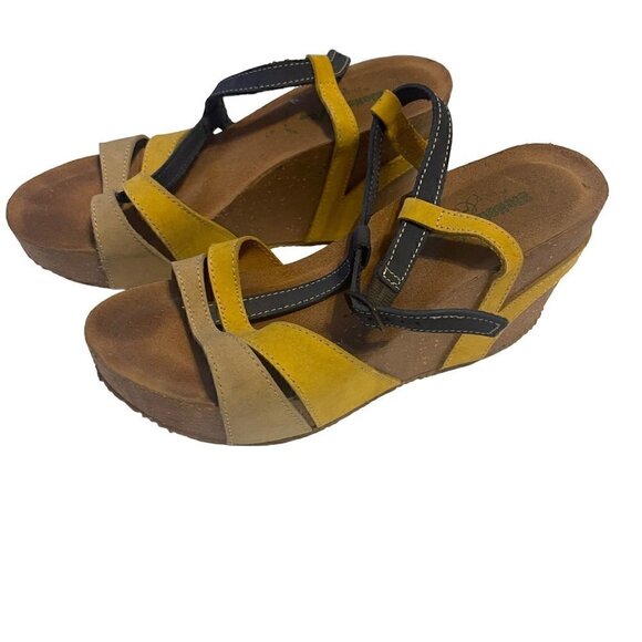 BioNatural by Bos & Co Wedge Sandals Blue & Mustard Yellow Leather Cork Size 9 - Picture 9 of 11